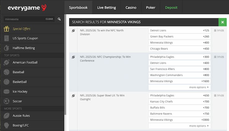 An image of the betting screen from Everygame, a popular online sportsbook in North Dakota.